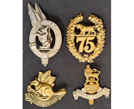 SELECTION OF FOUR MILITARY BADGES comprising 5th Battalion Seaforth Highlanders badge, 75th Stirlingshire Regiment badge, Bri