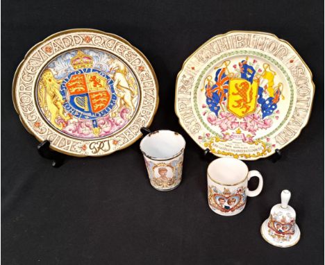 PARAGON GLASGOW EXHIBITION COMEMORATIVE PLATE 1938, with a selection of commemorative ware including a enamel beaker 1911 and