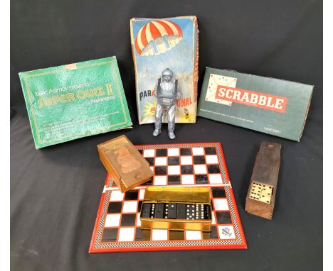 SELECTION OF VINTAGE GAMEScomprising Dominos sets, Staunton Chess pieces, chess board, Scrabble, Parascensional toy in box, S