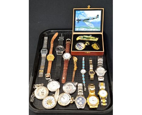 SELECTION OF POCKET WATCHES AND WRISTWATCHESthe pocket watches including three with exhibition backs, one with sun/moon panel