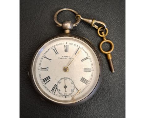 VICTORIAN SILVER CASED WALTHAM POCKET WATCHthe white enamel dial with Roman numerals and subsidiary seconds dial, the case wi