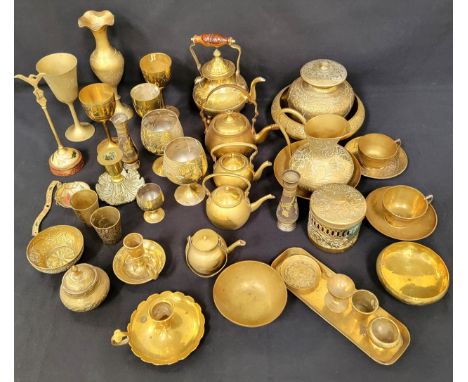 SELECTION OF INDIAN AND CHINESE BRASS WAREincluding pots, tea pots, candlestick holders, goblets, beakers, vases, cups and sa