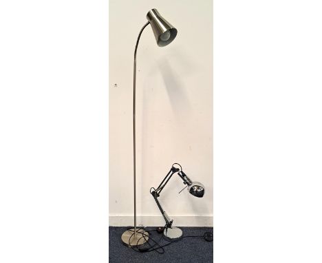 CHROME ANGLEPOISE LAMPwith weighted base; together with a brushed metal standard lamp with adjustable flexi section below sha