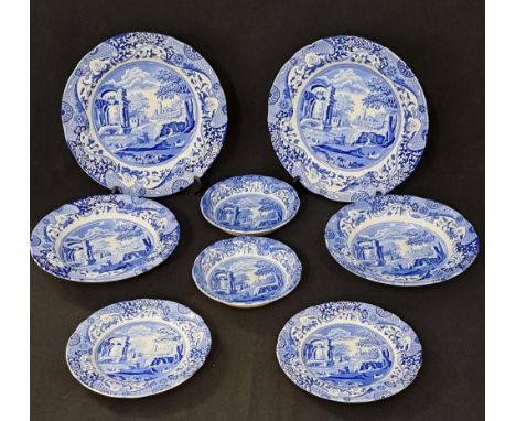 SELECTION OF SPODE BLUE AND WHITE DININER WAREScomprising six dinner plates, side plates, dessert bowls and soup bowls 