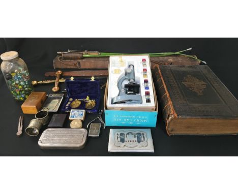 INTERESTING SELECTION OF COLLECTABLESincluding a family bible, a boxed Micro-Lab Master Microscope kit, a decorative sword, a
