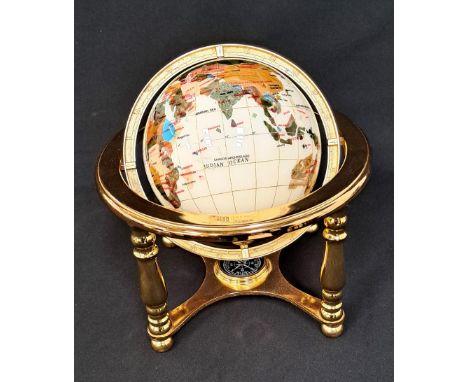 LAPIS GEMSTONE GLOBE on gilt stand with central compass on base, various minerals and semi-precious stone inlay, with written