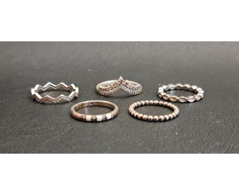 FIVE PANDORA SILVER RINGScomprising Princess Wishbone, Shimmering Zig Zag, White Enamel Better Together Stackable ring, a Whi