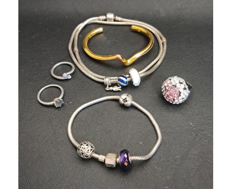 SELECTION OF PANDORA AND OTHER JEWELLERYincluding a Pandora Moments silver necklace with three charms, a Chamilia charm brace