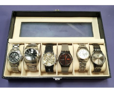 SIX GENTLEMEN'S WRISTWATCHEScomprising Sekonda, Police, Emporio Armani, Swatch, Seiko and Accurist, contained in travel case 