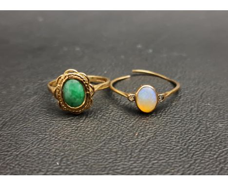 TWO STONE SET RINGScomprising a jade ring on nine carat gold shank with pierced setting, ring size H; and a small opal ring o