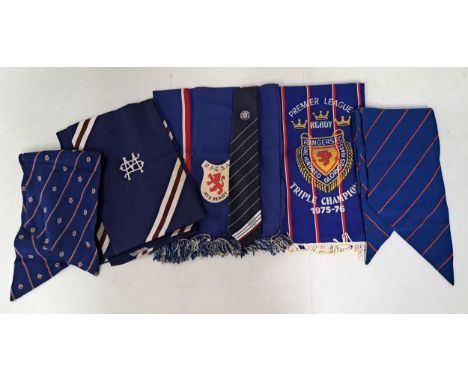 FOUR VINTAGE RANGERS FC FOOTBALL SCARVESincluding of 1975-76 triple champions, with white tassels, RFCSA Aye ready with blue 