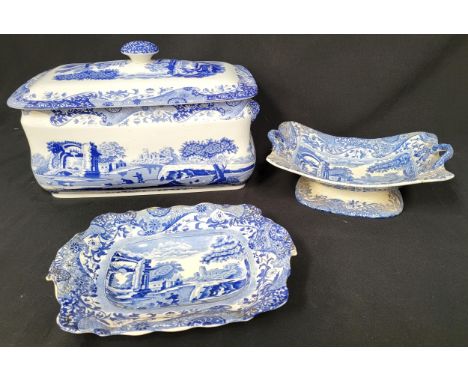 AN ITALIAN COPELAND SPODE BLUE AND WHITE TRANSFER PRINT BREAD BIN,40 x 26 x 26 cmwith a Spode comport (damage) and Spode dish