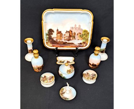 TEN PIECE PORCELAIN DRESSING TABLE SETcomprising candlesticks, perfume bottles, tray, trinket boxes, ring tree ashtray, with 