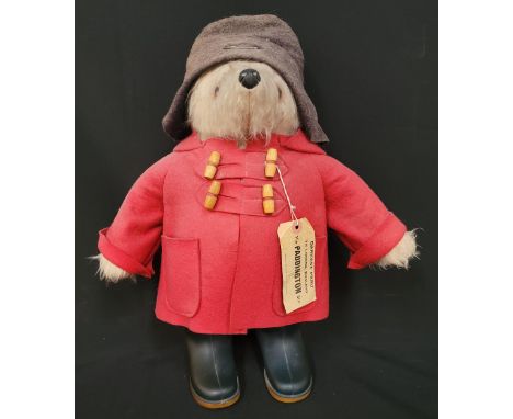 VINTAGE PADDINGTON BEARby Gabrielle designs, in red jacket and faded black hat, black Dunlop wellies, 46cm high 