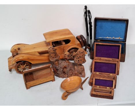 VARIOUS WOODEN DECORATIVE WARE AND BOXESincluding large vintage car, 67cm long, Scottish Burr Elm mushroom sculpture by Jack 
