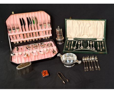ASSORTMENT OF SILVED PLATED FLATWARE AND COLLECTIBLESincluding Savings bank of Glasgow money box, Edwin Blyde Pewter Quaich, 