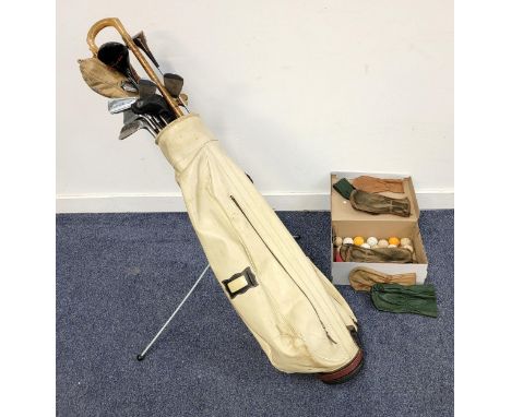 VINTAGE SET OF GOLD CLUBS IN BAGincluding Douglas swing Balanced, John Letters, and a shepherds crook, with a box of golf bal