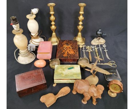 ASSORTMENT OF VINTAGE AND ANTIQUE ITEMS including Trench art Spitfire, brass candlesticks, Poker work box in the form of a bo