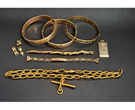 TWO ROLLED GOLD BANGLESboth with engraved decoration, together with a rolled gold Albert chain with T-bar and a gilt bangle a