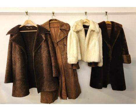 FOUR VINTAGE COATSconsisting of brown Antartex lambskin coat, full length brown suede jacket, 107cm chest, white Maestromink 