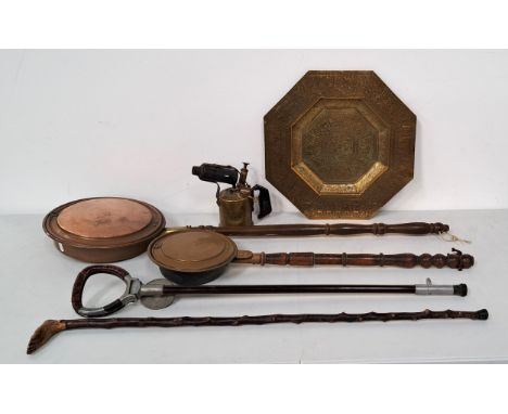 TWO BED PANS AND OTHER COLLECTABLESone bed pan in copper and the other smaller example in brass, together with an octagonal b