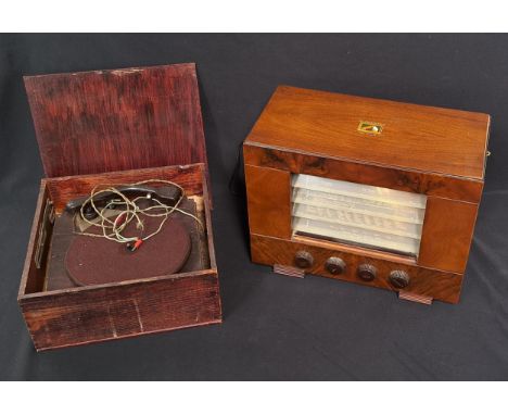 HMV VINTAGE VALVE RADIOGRAMmodel number 5213, with Bakelite knobs and HMV Nipper emblem on top, in walnut case, together with