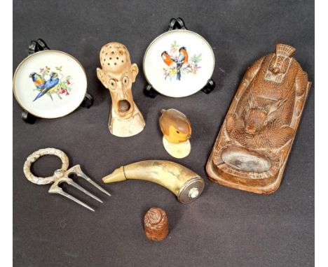 ASSORTMENT OF ANTIQUE AND VINTAGE ITEMScomprising a Black Forest wooden ashtray and matchstick holder in the form of a reinde