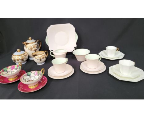 ASSORTMENT OF TEA WAREScomprising Shelley pink and green part tea set -  four cups, six saucers, six plates, cake plate and c