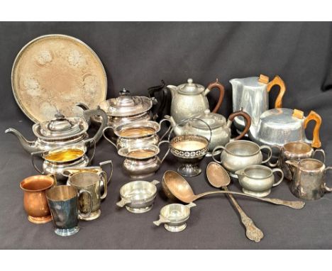 LARGE SELECTION OF SILVER PLATED AND OTHER METAL WARESincluding a silver plated four piece tea service, a galleried tray, a a