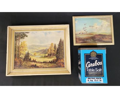 ASSORTMENT OF COLLECTIBLESvintage Cerebos salt tin and two vintage framed and glazed prints (4) 