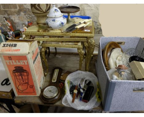 A collection of household items to include brass and marble nest of table set, Tilley storm lamp, watches, barometer, glasswa