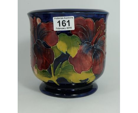 Moorcroft large planter decorated with hibiscus on blue background , height 17.5cm ( hairline cracks to top rim)