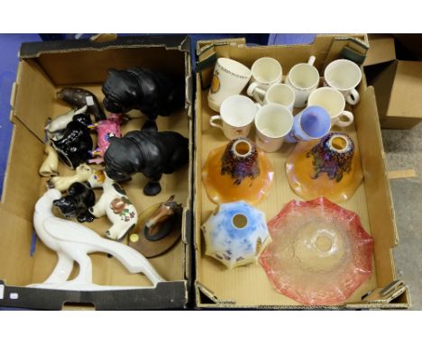 A collection of pottery and glassware including seated bulldog figures, commemorative mugs , glass lamp shades etc  ( 2 trays