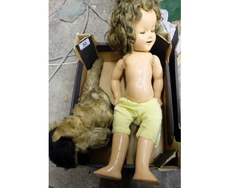 A straw filled Chad valley seated dog and Shirley Temple doll  (2)