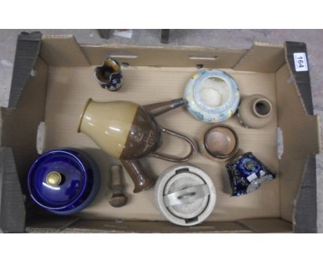 A collection of Royal Doulton lambeth stoneware including unusual shape decanter (handle re-stuck) , stoneware Tabacco jar & 
