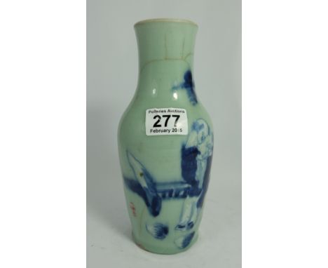 Early Chinese vase decorated with abstract figure of a man in two tone blue colour way, height 23cm ( crazing and chips to ba