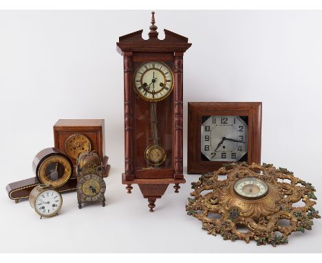 Collection clocks including brass cased drum clock with bell strike, reproduction lantern clock, wall clocks etc (6).