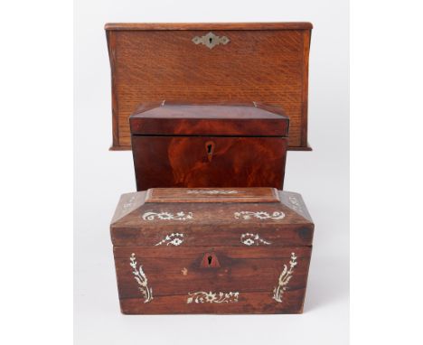 Victorian rosewood and mother of pearl inlaid tea caddy, a mahogany caddy, an oak stationary box to include three 19th centur