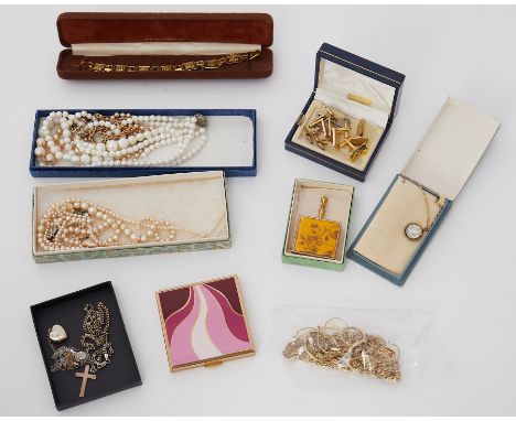 A mixed lot of costume jewellery &amp; silver to include necklaces, bracelets, earrings, ring, compact, faux pearls, cufflink