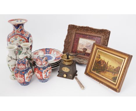 Four Japanese Imari plates, vases, also a coffee grinder, 19th century scene, printed portraits in gilt frames, some sundry p