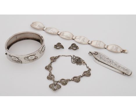 Some vintage &amp; antique silver items to include a silver flower engraved bangle, marcasite necklace &amp; clip on earrings