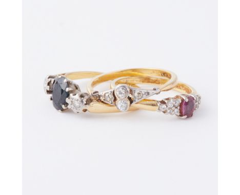 A mixed lot of three rings to include an 18ct yellow gold &amp; platinum Art Deco diamond ring, 2.25gm, size O, an 18ct yello