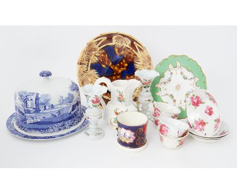 A mixed collection including a Majolica dish, Spode stilton dish and cover etc.
