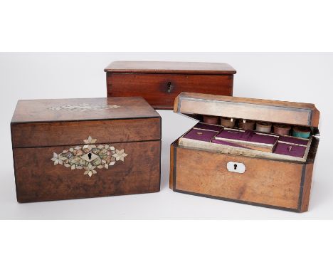 Two Victorian sewing boxes and another box containing general coinage, various sewing implements including acorn thimble hold