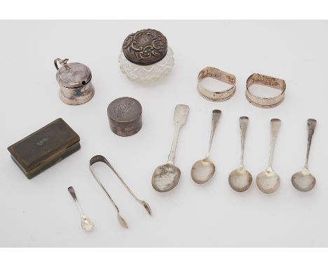 A mixed lot of silverwares to include five silver teaspoons &amp; a silver mustard spoon, 2.45oz, a silver mustard pot with b