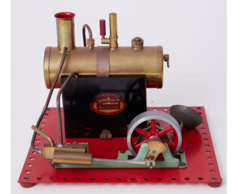 Mamod steam engine with boiler, 6" high on 7" x 8" Meccano base, boxed.