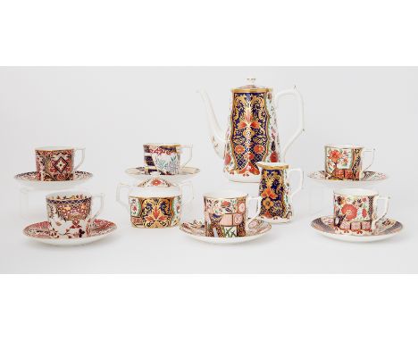 Royal Crown Derby coffee set comprising six cups and saucers, milk jug and sugar pot, each named with pattern 'Derby Old Japa