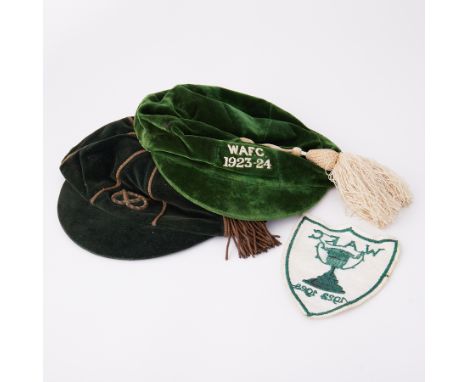 Two football caps WAFC 1923/24 both named F A Reynolds together with a cloth patch 1922/23 believed to be Wrexham football cl