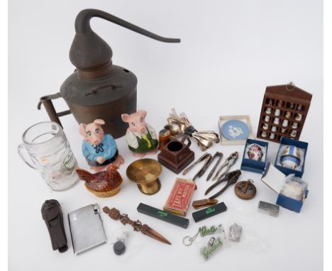 Various items including large copper spirit filter, NatWest Pigs, novelty carved wood nut cracker, ep flat ware, brass also t