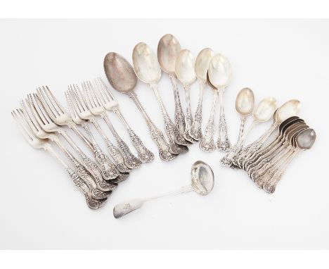 Victorian silver flatware, London, Kings pattern, comprising include four forks, four desert forks, three serving spoons, fou